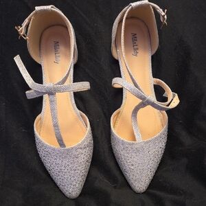 Silver Glitter Pointed Toe Ankle Strap Flats